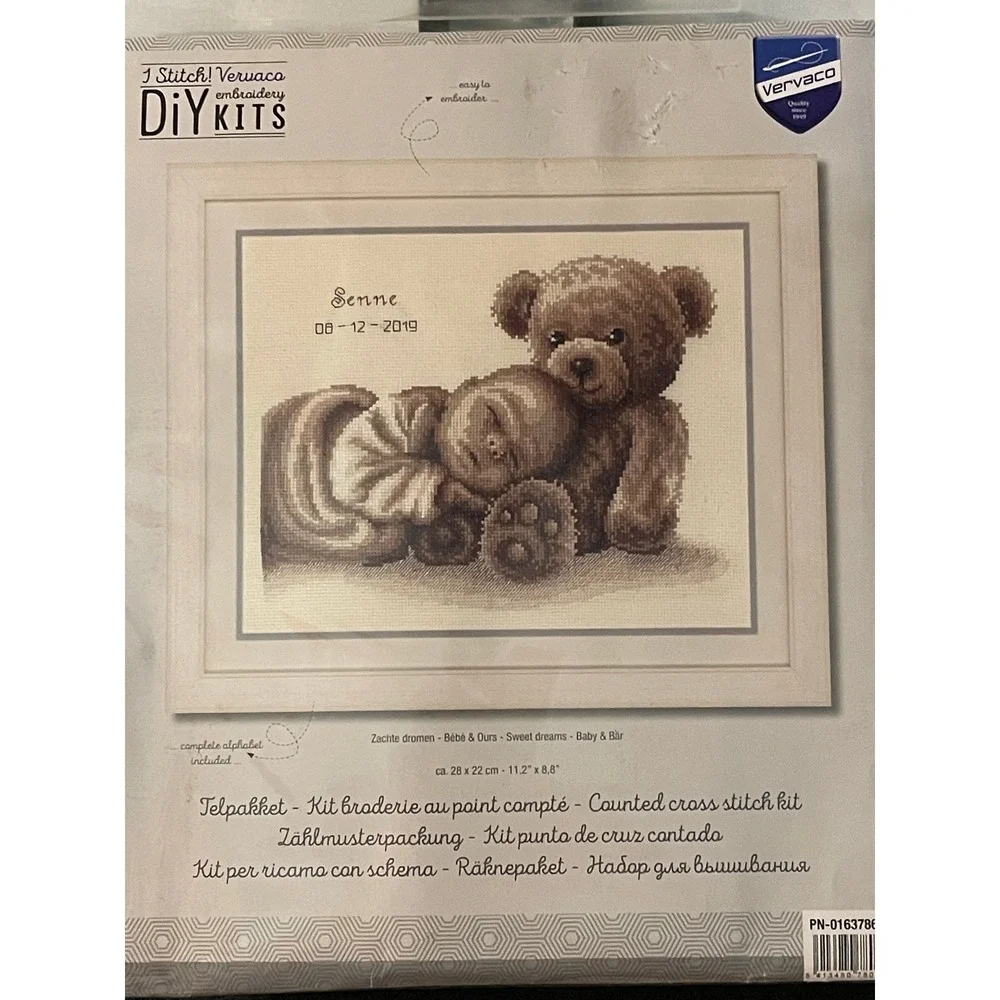 Vervaco Counted Cross Stitch Kit Sweet Dreams Baby Bear Name Date DIY Embroidery